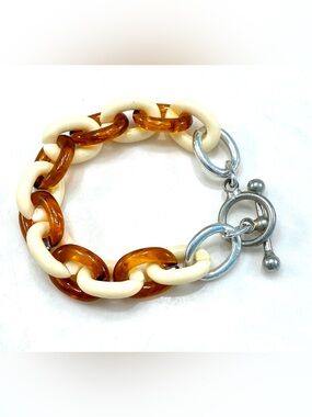 Chunky Tortoise Shell & Cream Acrylic Chain Link Toggle Bracelet – Retro Marble
